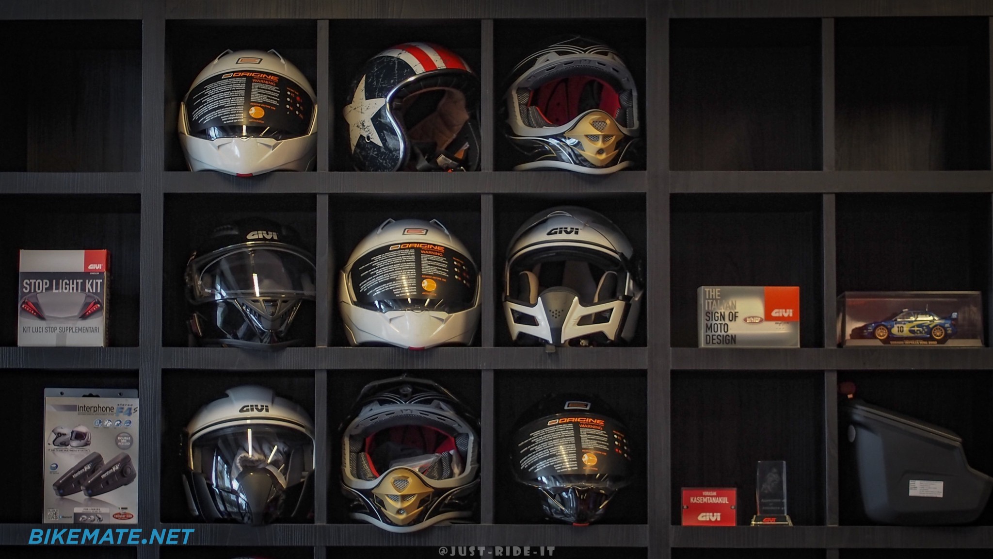 Wall storage space with motorcycle helmets
